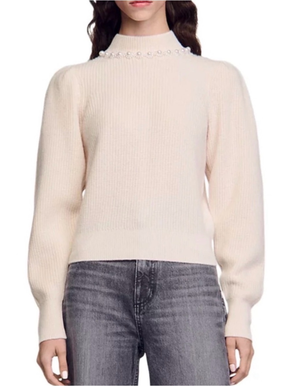 Sandro Lisa Sweater - Pearl-Trim Cream Mock Neck Women's Sweater